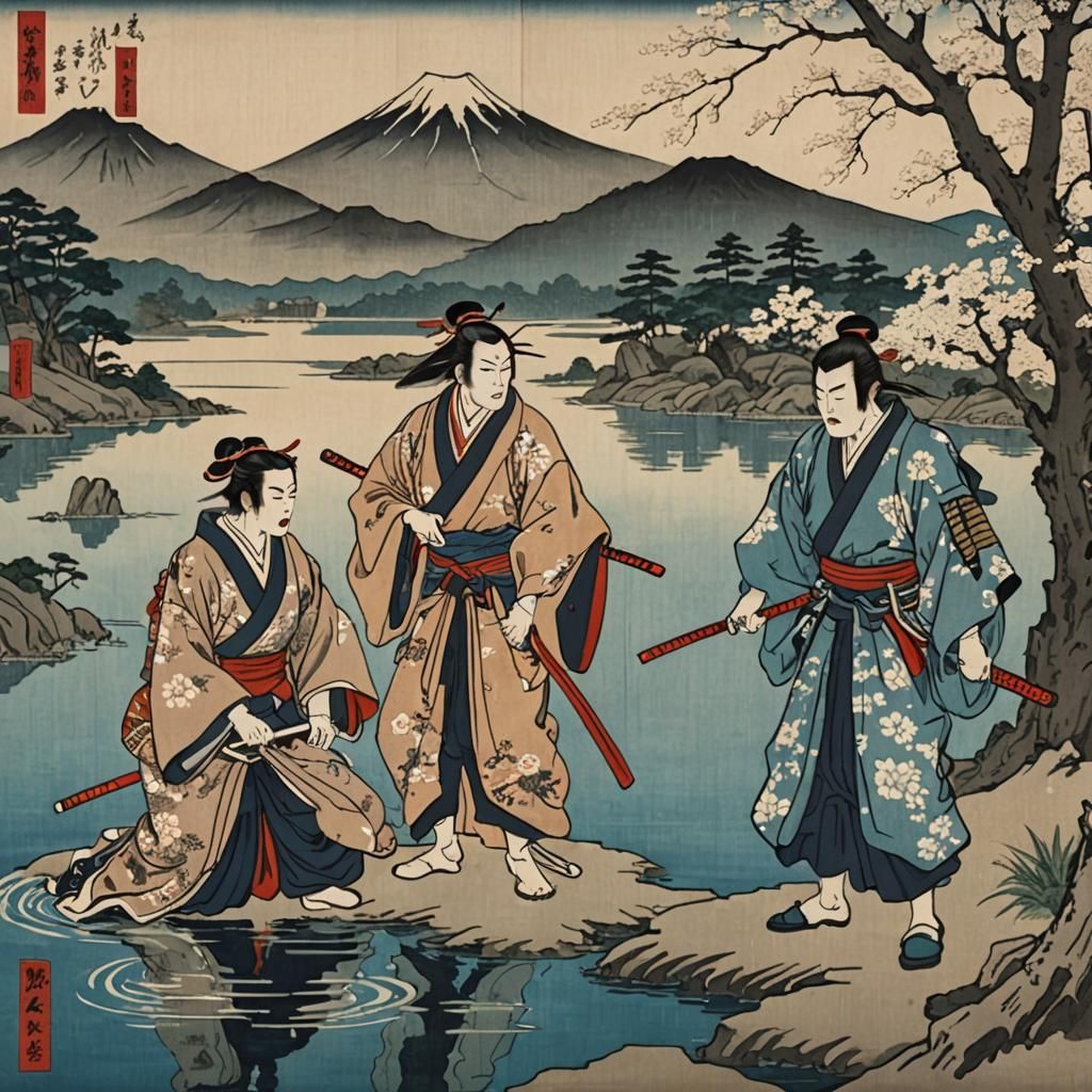 Kabuki Actors in Ukiyo-e Style Samurai Scene