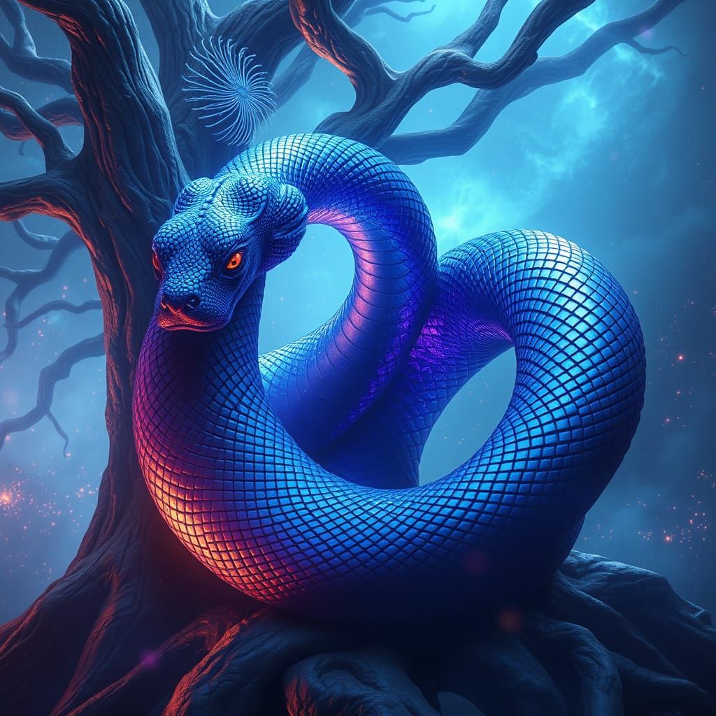 Majestic Sapphire Serpent Amidst Ancient Mysticism