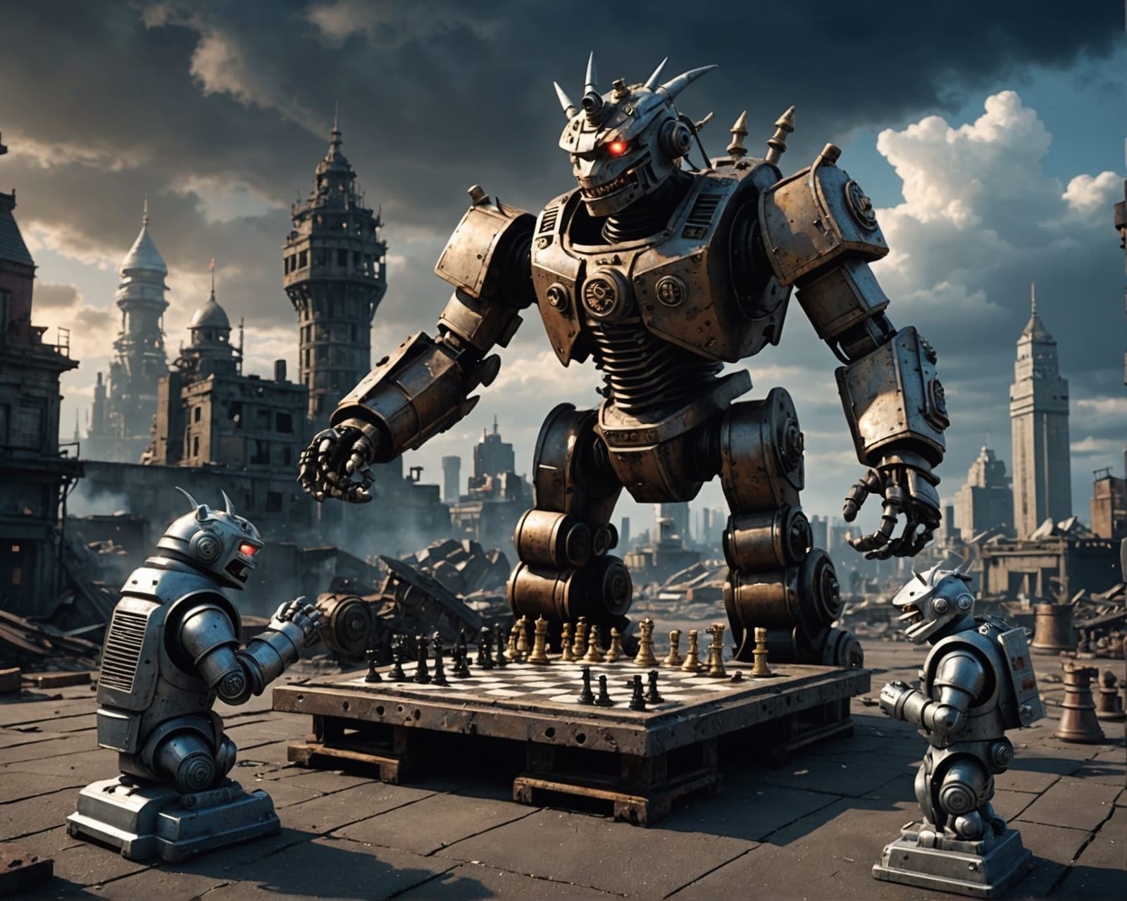 Giant Robot Chess Match with Godzilla in Steampunk Style