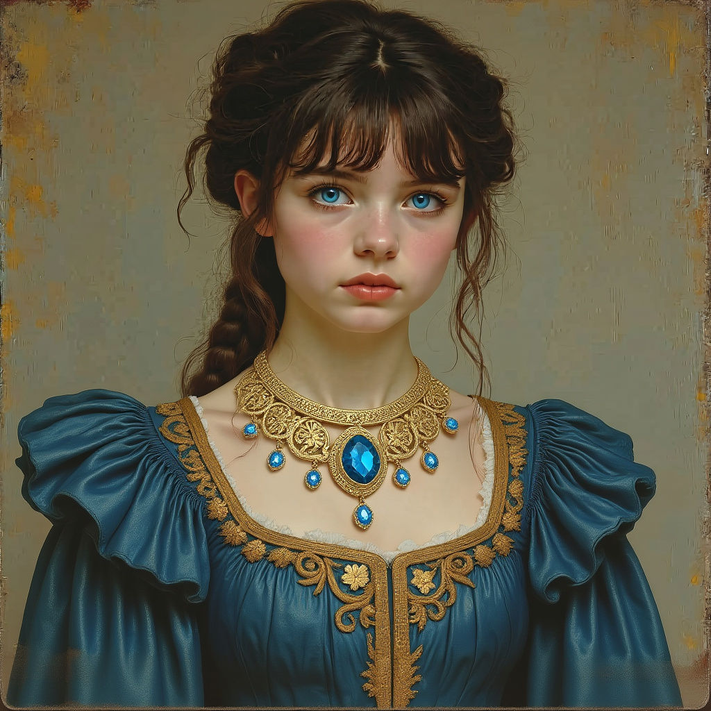 Victorian Oil Portrait of Young Woman in Blue Gown