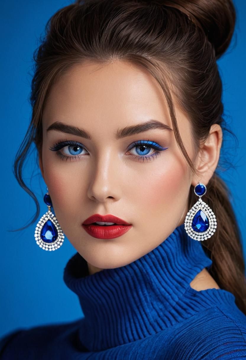 Beautiful Woman with Blue Jewelry and Red Lipstick