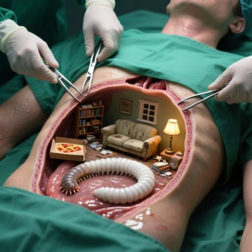 Surreal Surgical Scene: Tapeworm Apartment Inside Human Tors...