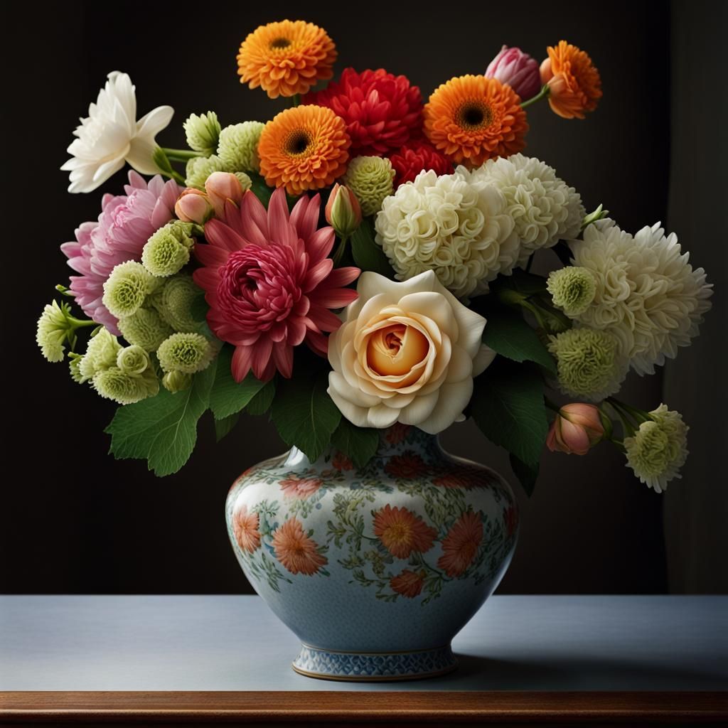 Vibrant Flower Vase Still Life, Professional Portrait Style