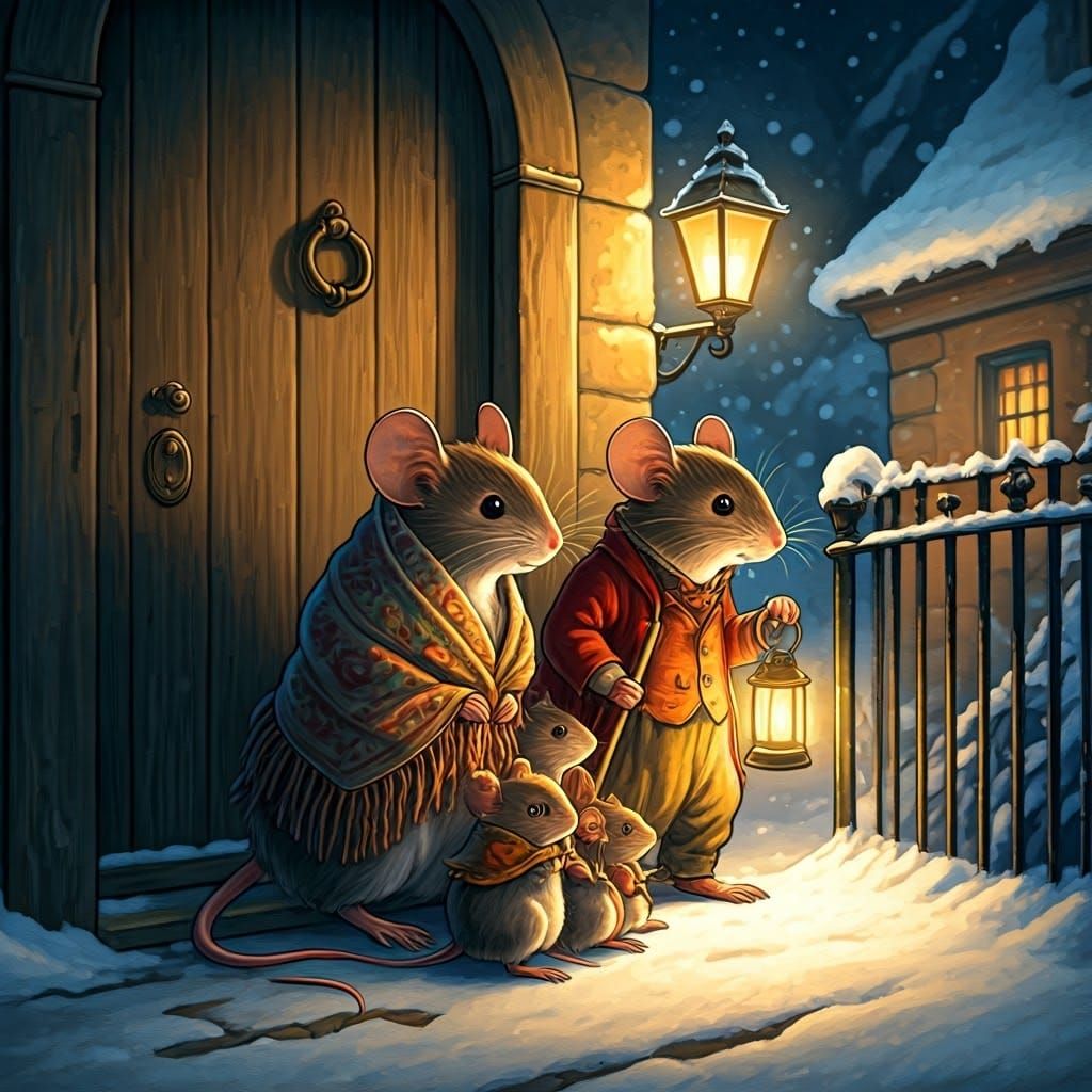 Mother Mouse and Family Knock on a Victorian Door