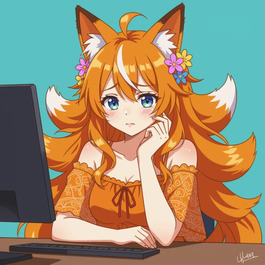 Anime Fox Girl with Flowers and Seven Tails
