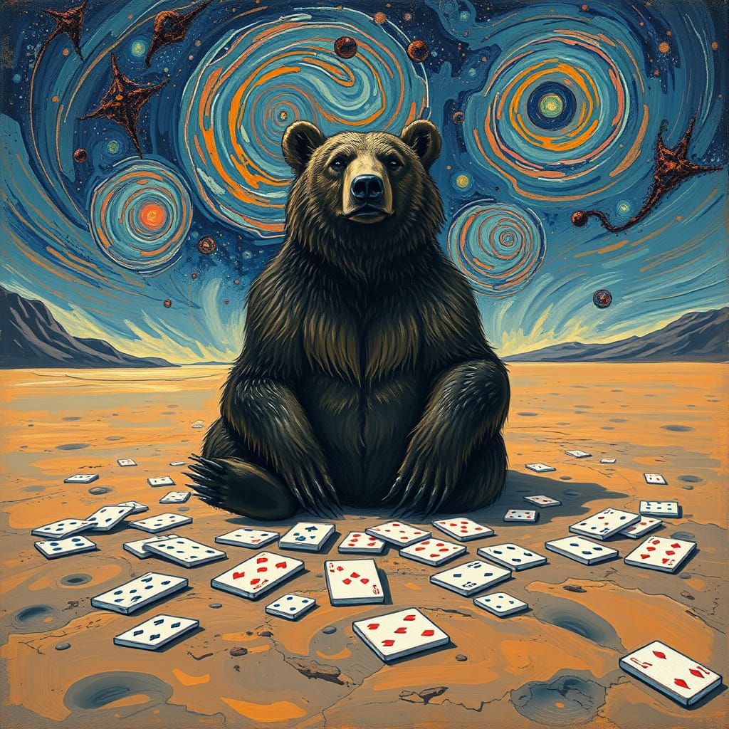 Bear Playing Cards in Alien Desert, Impressionistic Style