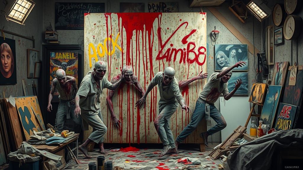 Zombies Tear Pollock Canvas in Dark Fantasy Style