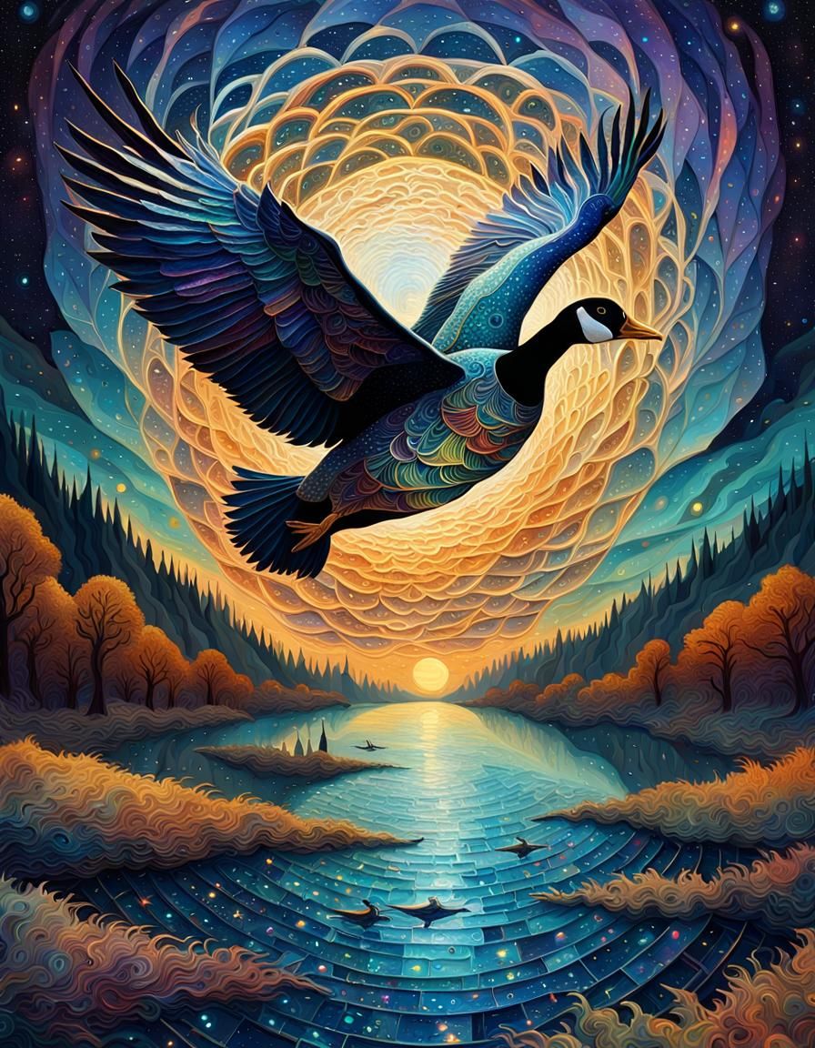 Bioluminescent Geese in Starry Sky, Iridescent Digital Art
