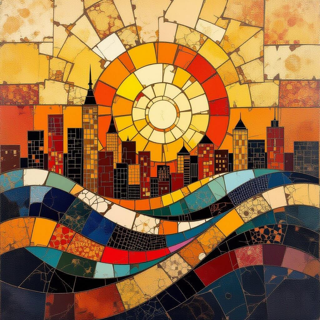 Kintsugi Mosaic Cityscape at Sunset in Earthy Tones