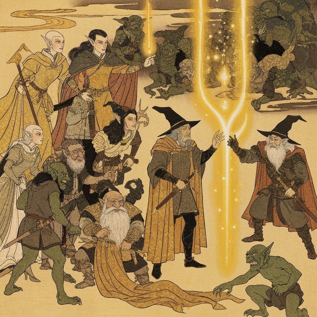 Ukiyo-e Lord of the Rings Characters in Golden Hues