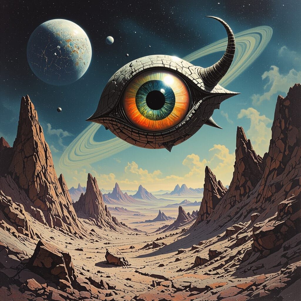 Surreal Flying Eyeball with Horn Above Rocky Planet