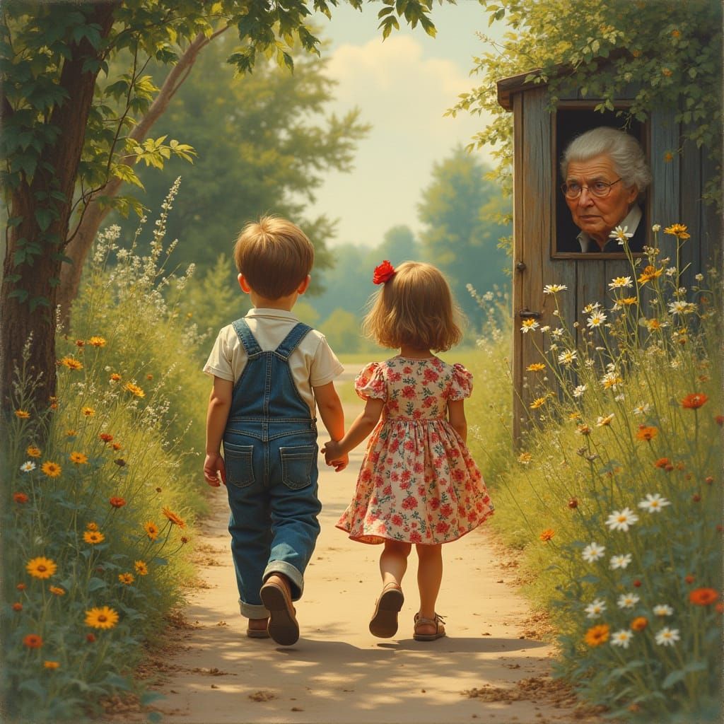 Children on Country Road in Rockwell Style