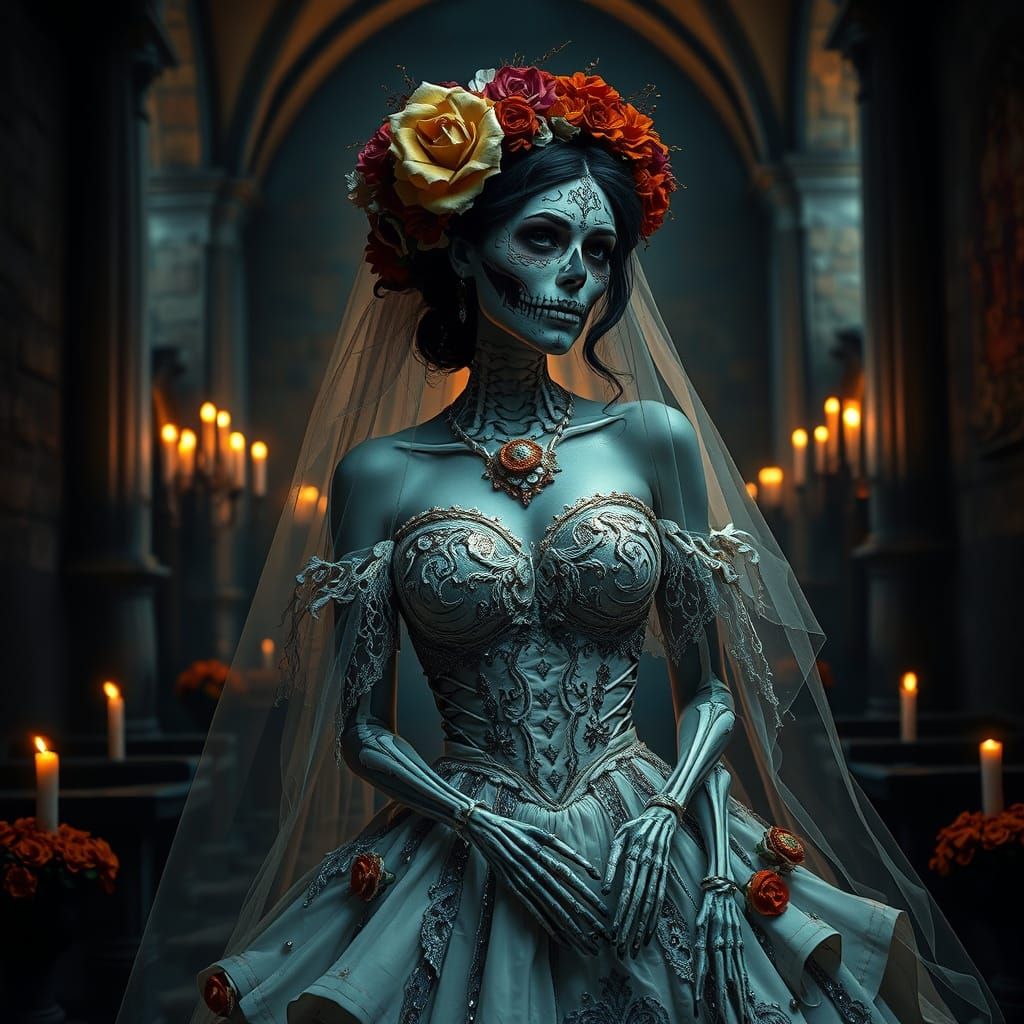 Hyperrealistic Day of the Dead Bride in Gothic Victorian Sty...