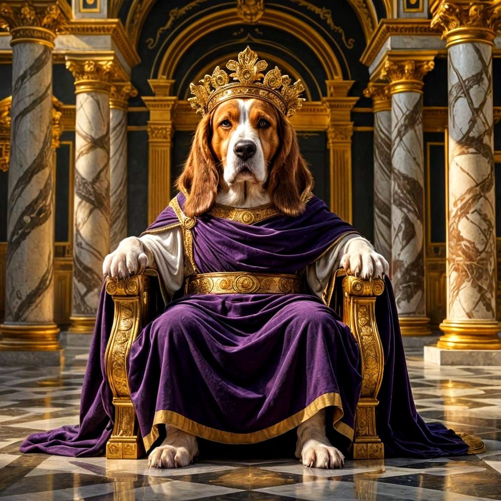 Basset Hound as Roman Emperor on Marble Throne