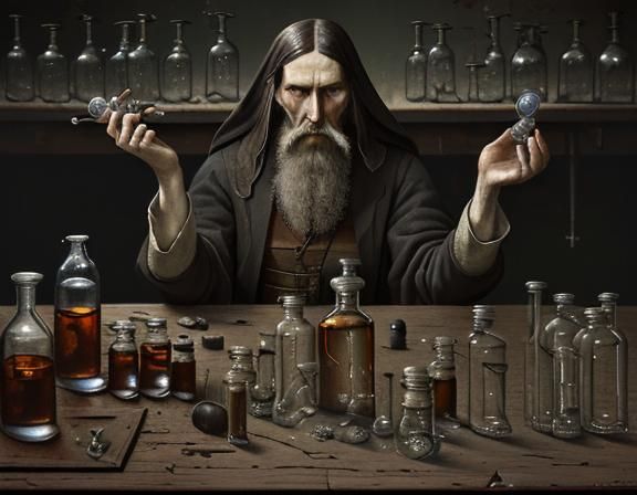 rasputin the mad monk, a dirty old laboratory, a large table...