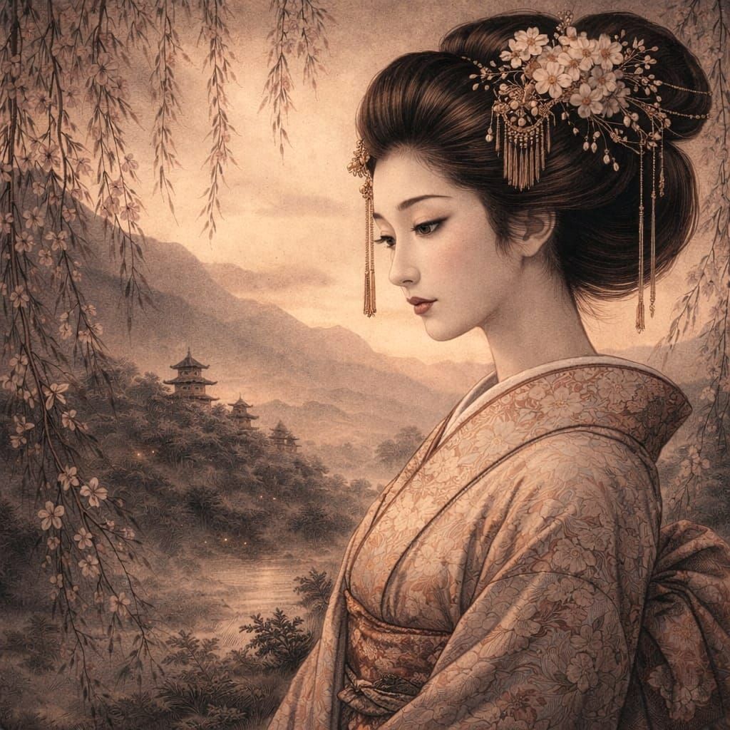 Geisha Gazes at Dusk Mountainside Temple, Willow Branches Fr...