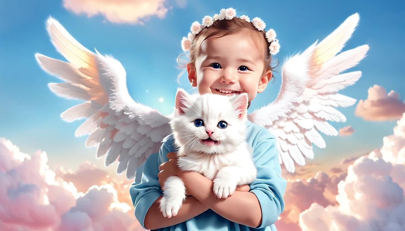 Angel with Kitten in Pastel Sky: Realistic Photo