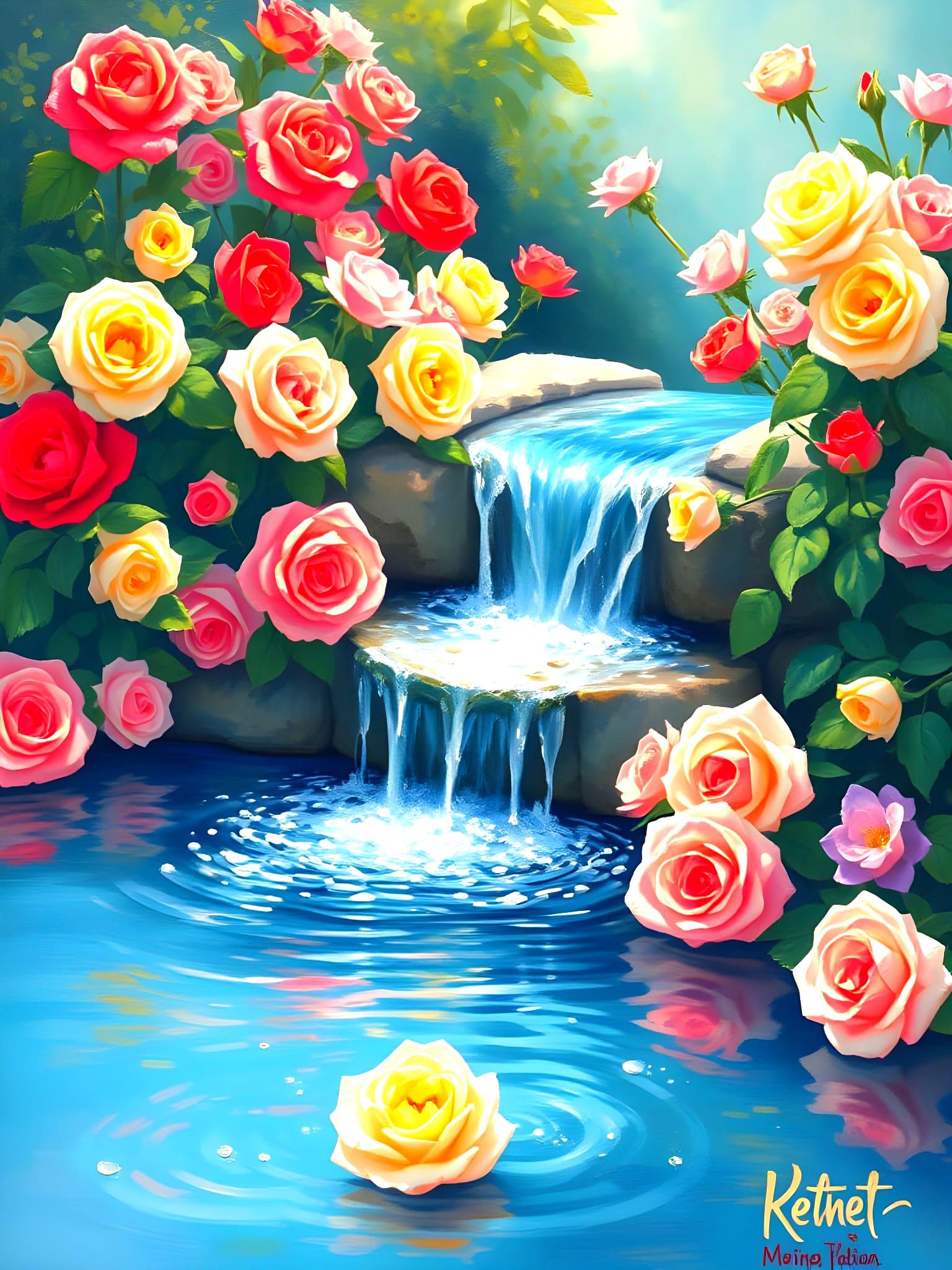 Ethereal Waterfall Scene with Vibrant Roses in Diverse Hues