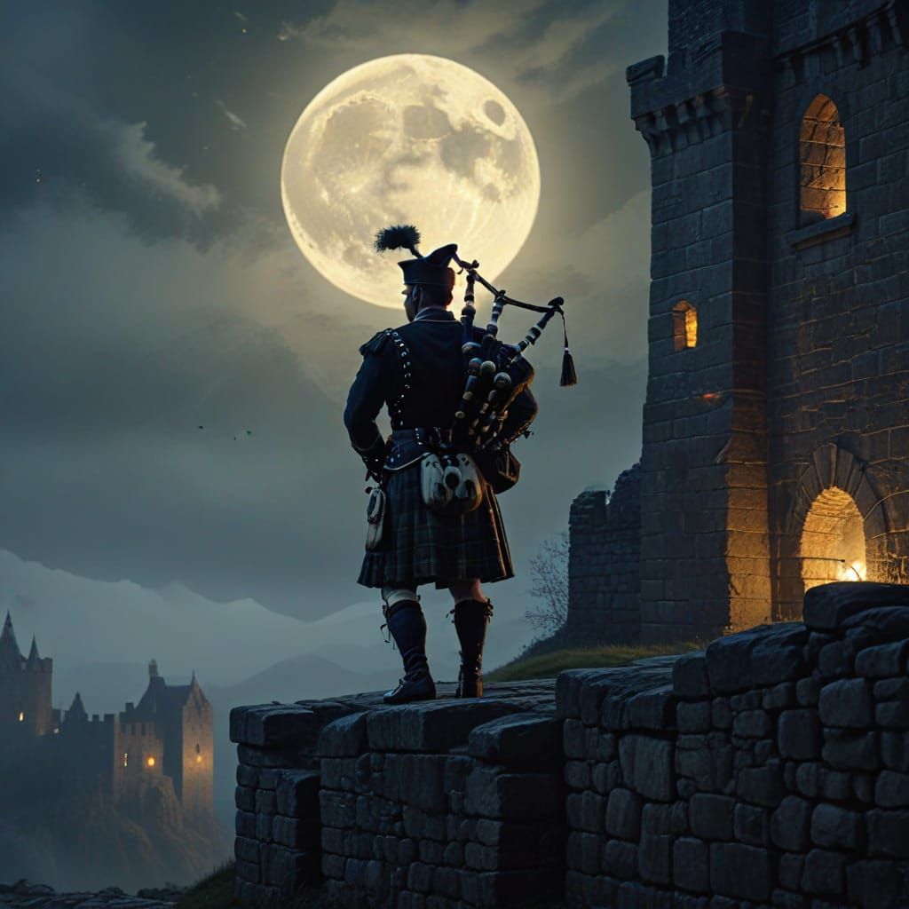 Bagpiper Silhouetted by Moonlight on Castle Walls