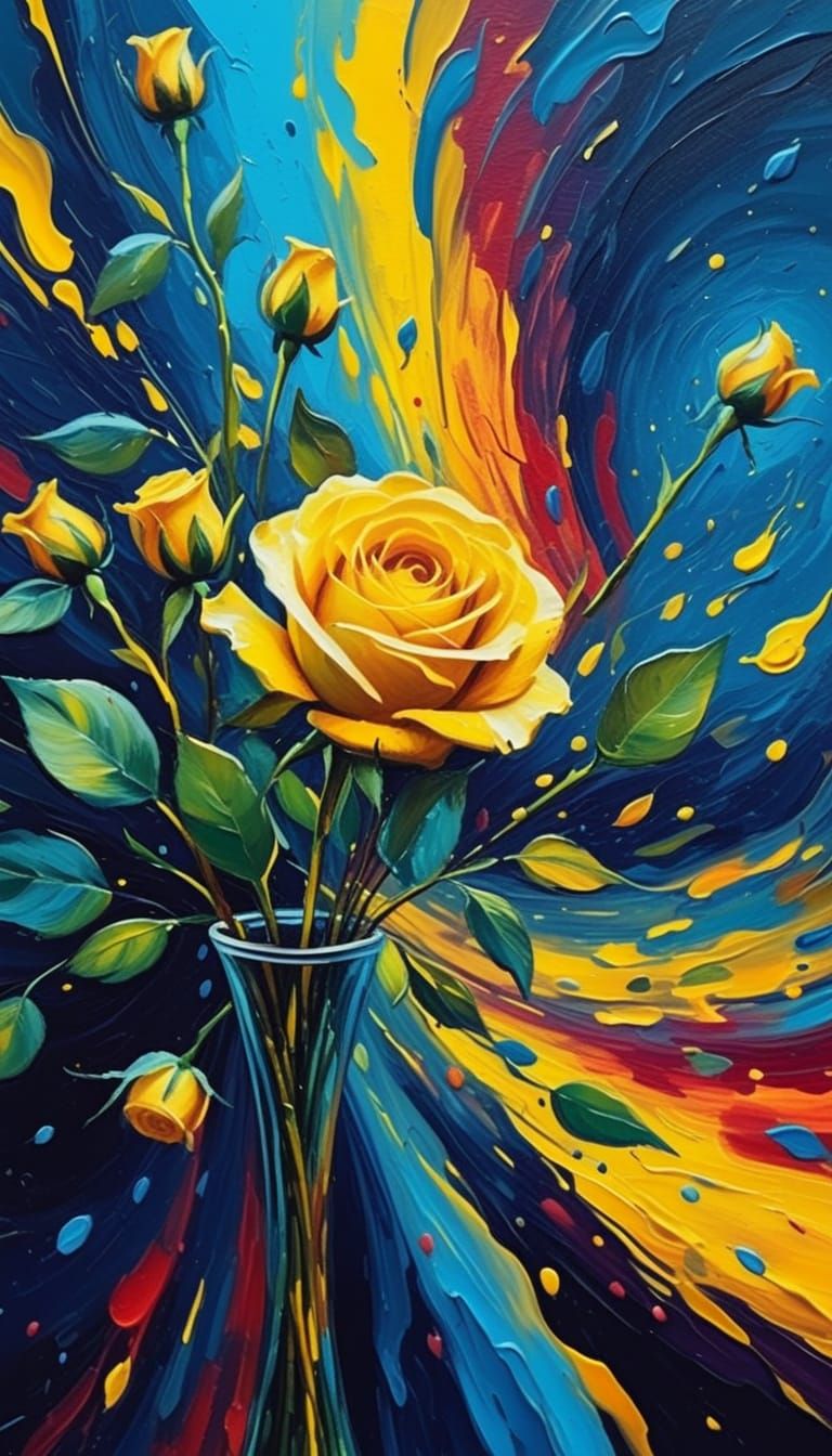 Impressionist Vase of Yellow Roses in Oil