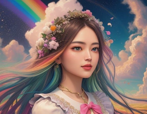 Surreal Cherub in Glitter Field Oil Painting