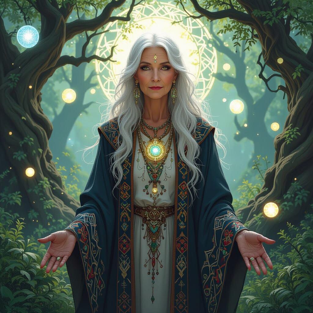 Mystical Woman in Forest, Art Nouveau Style