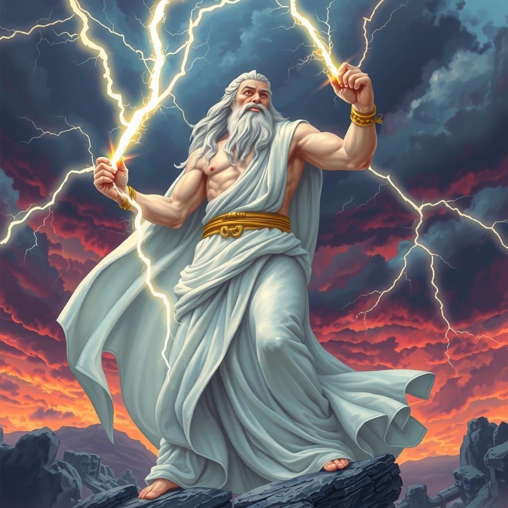 Zeus Wielding Lightning Bolts in Sci-Fi Style