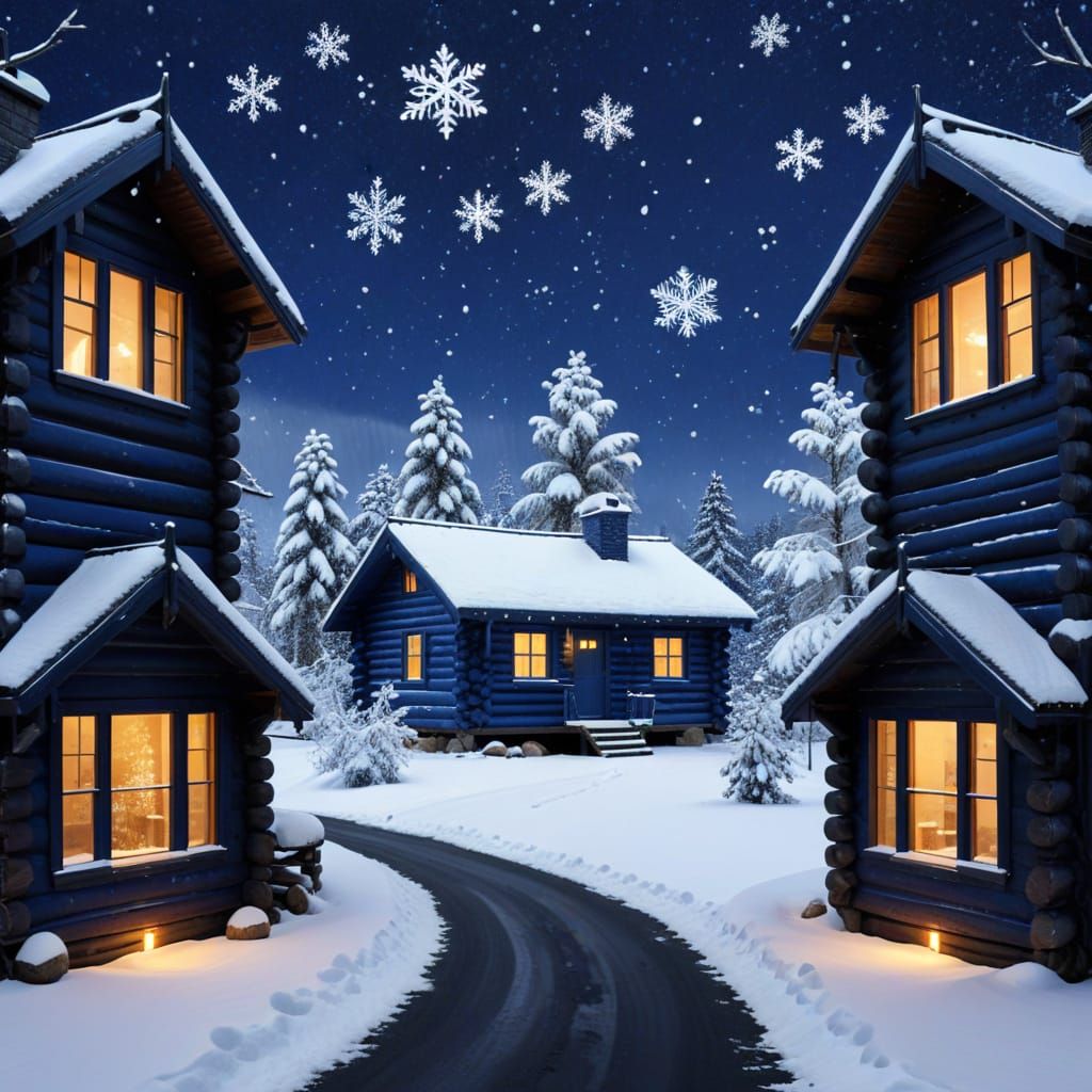 Cobalt Winter Landscape with Blue Log Cabin
