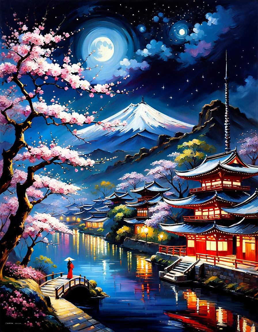 Moonlit Sakura Blossoms in Japanese Cityscape