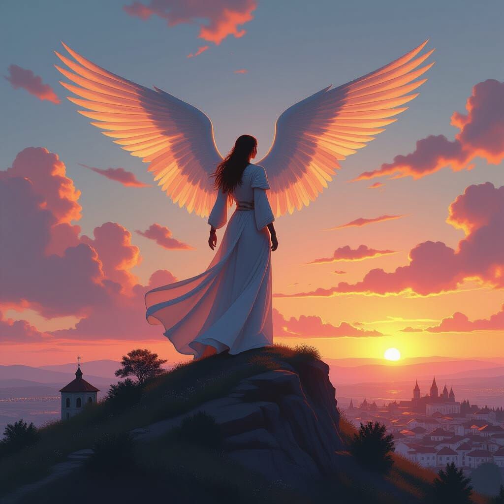 Archangel Overlooking Town at Sunset in Dreamlike Style