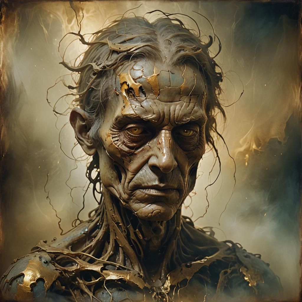 Haunting Portrait of an Aged Humanoid in Surreal Mist