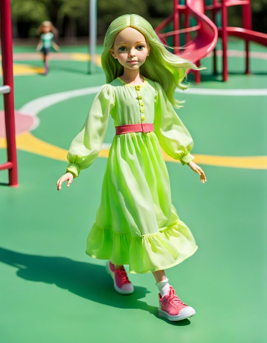Green Haired Doll in Green Dress on Playground
