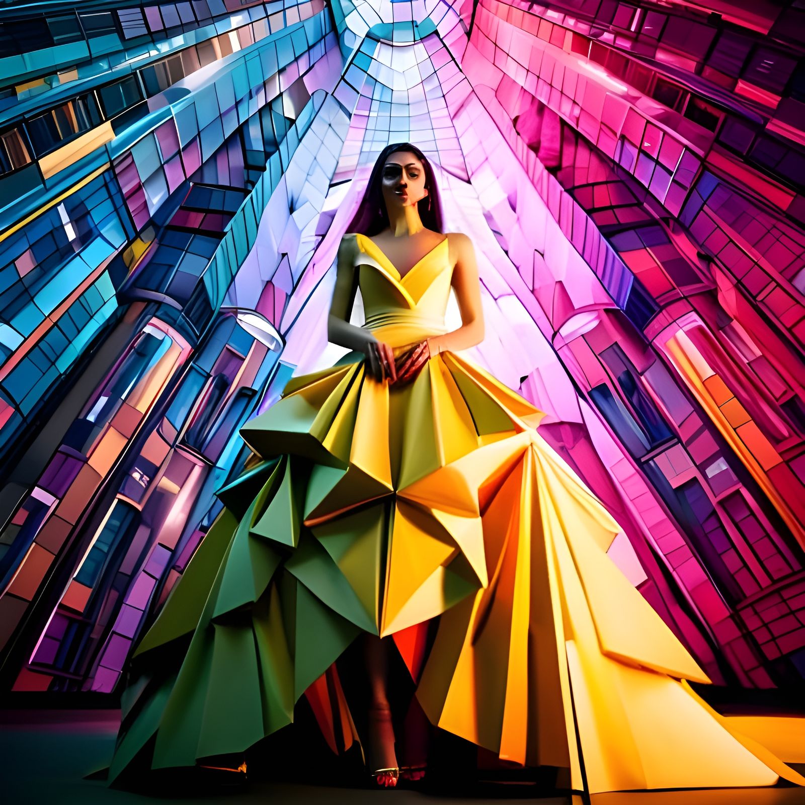 Origami Gown in Jewel Tones, Hyperrealistic Image