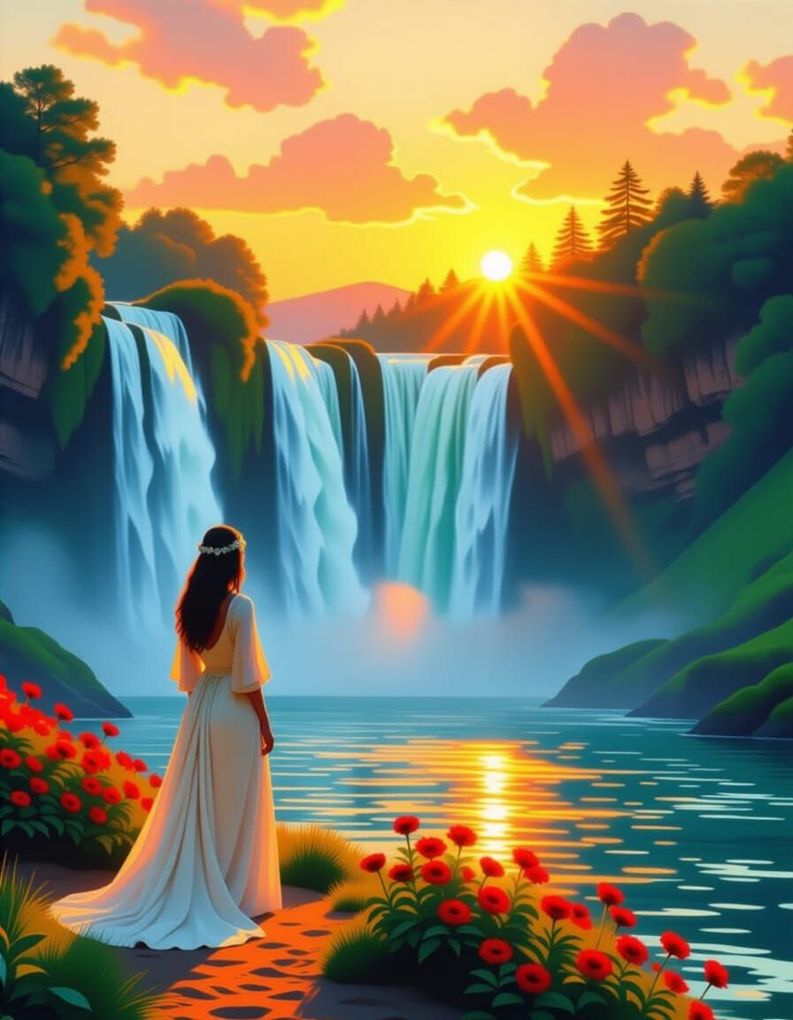 Golden Hour Waterfall Landscape in Impressionist Style
