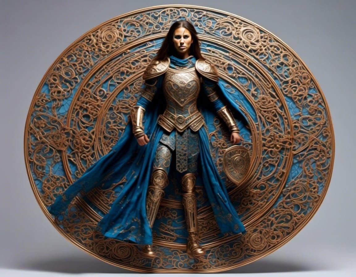 warrior woman in front of a big shield