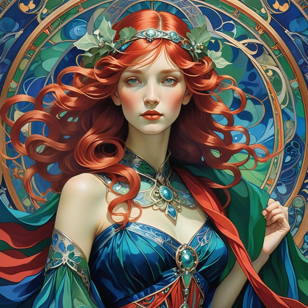 Art Nouveau Woman in Psychedelic Dreamscape