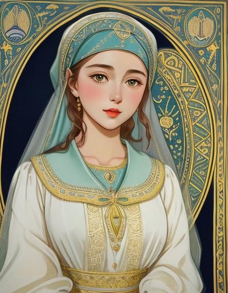 Elegant Headscarf Illustration in Folk Art Style