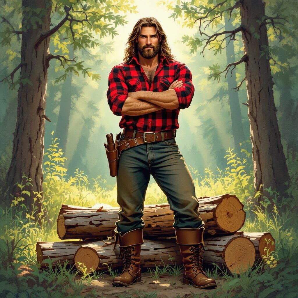 Confident Woodsman in Sun-Drenched Forest, Illustration