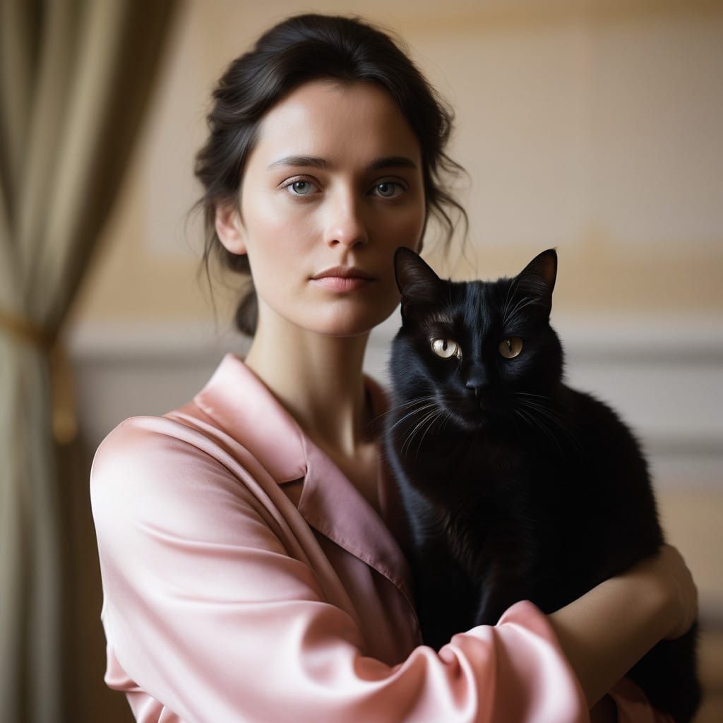 Teenage Woman Cuddles Her Sleek Black Cat in Warm Intimate S...