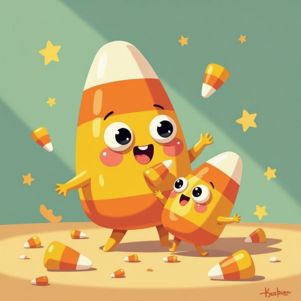 Whimsical Candy Corn Character Eats Smaller Candy Corn Illus...