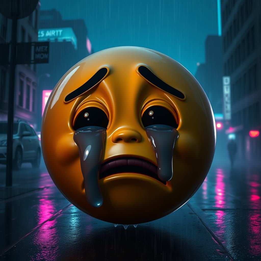 Surreal, Hyperrealistic Portrait of a Crying Emoji in a Deso...