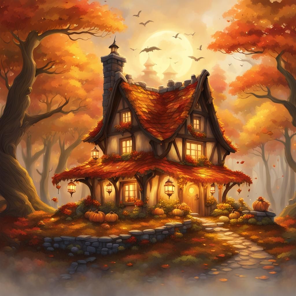 Autumn Cottage with Lanterns: Fantasy Concept Art