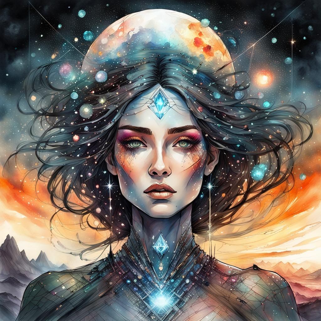 Hematite Queen: Digital Watercolor Fantasy Goddess