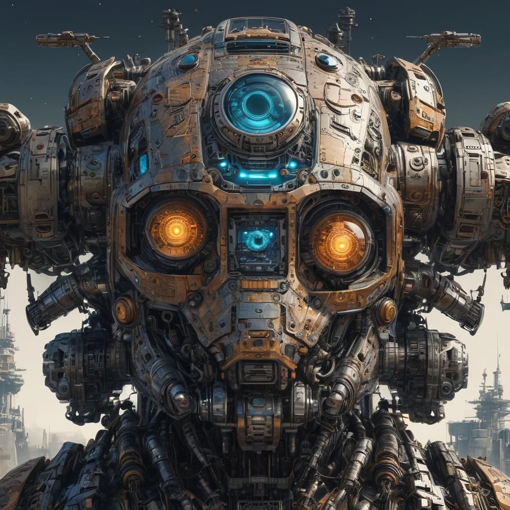 Cybernetic Spacecraft Portrait in Ink, Detailed Concept Art