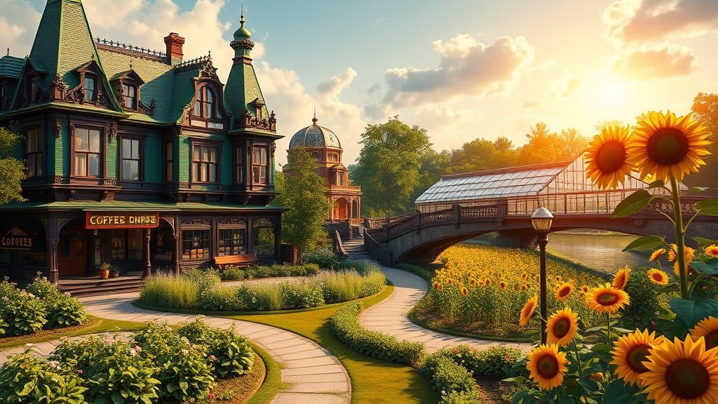 Elegant Victorian Mansion Beside a Whimsical Coffee Shop and...