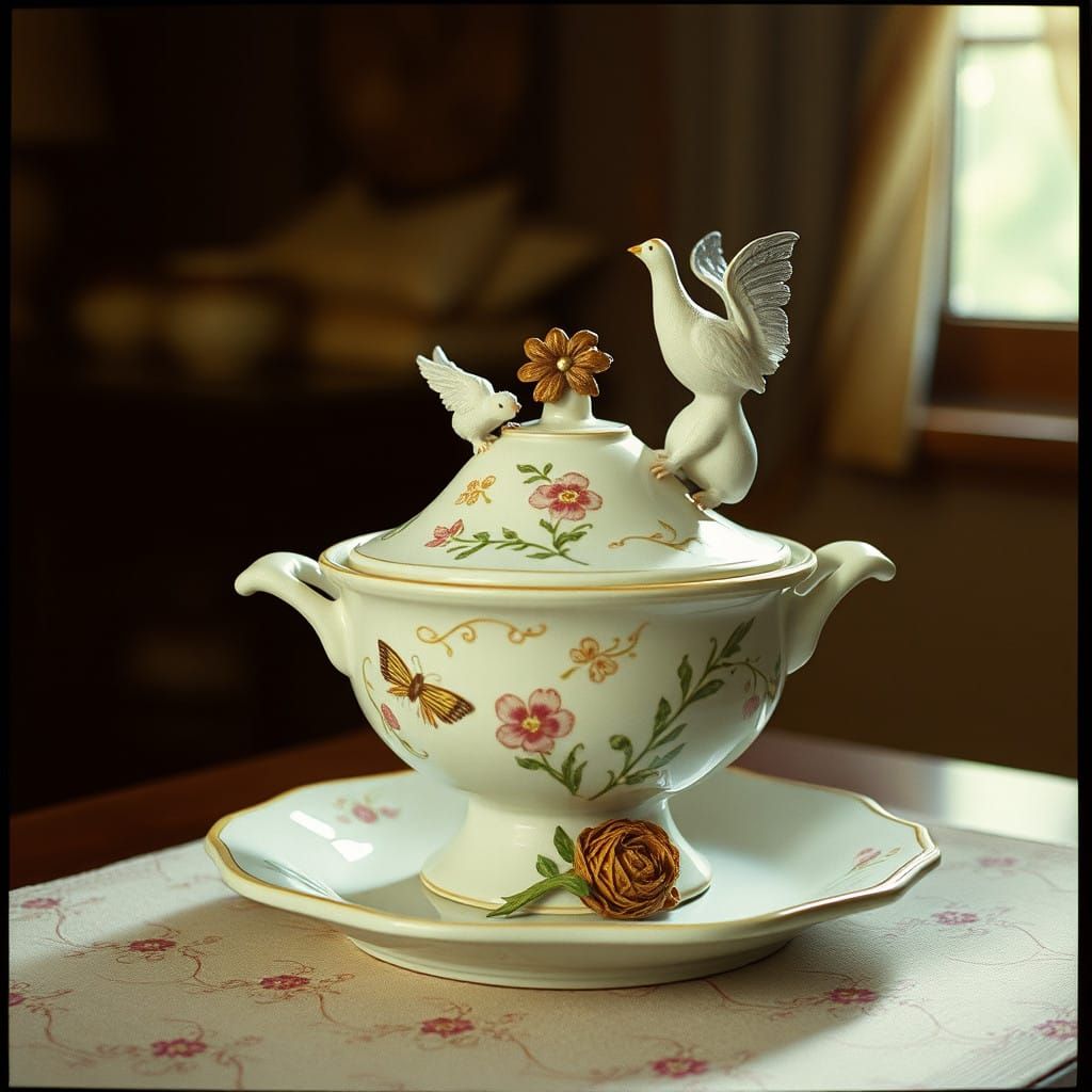 Whimsical Ceramic Tureen in Cinematic Film Style