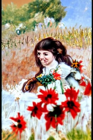 Brunette Woman with Daisies in Field Painting