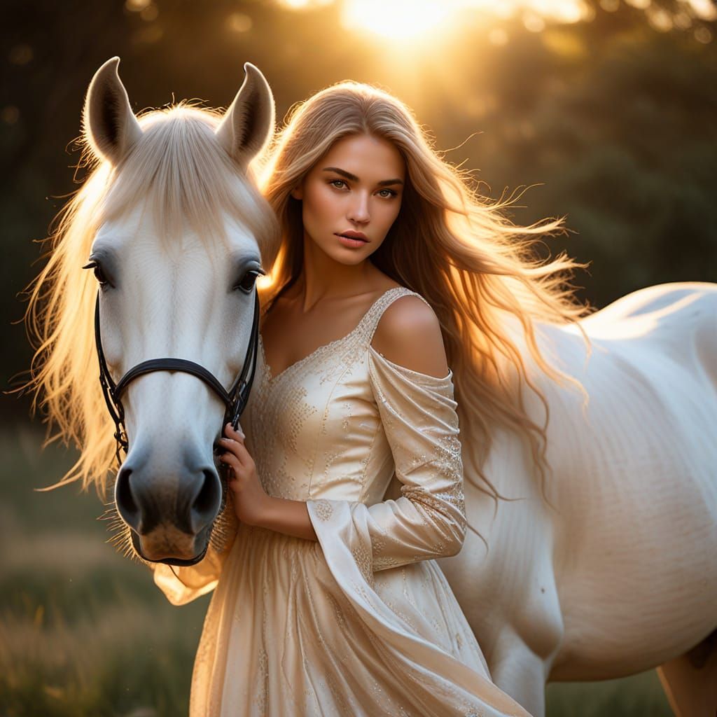 Ethereal Oil Painting of Woman Embracing Horse
