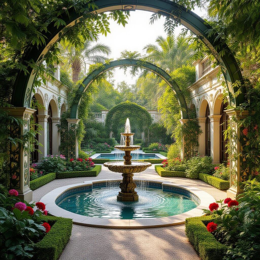 Art Nouveau Deco Garden Fusion with Golden Hour Light