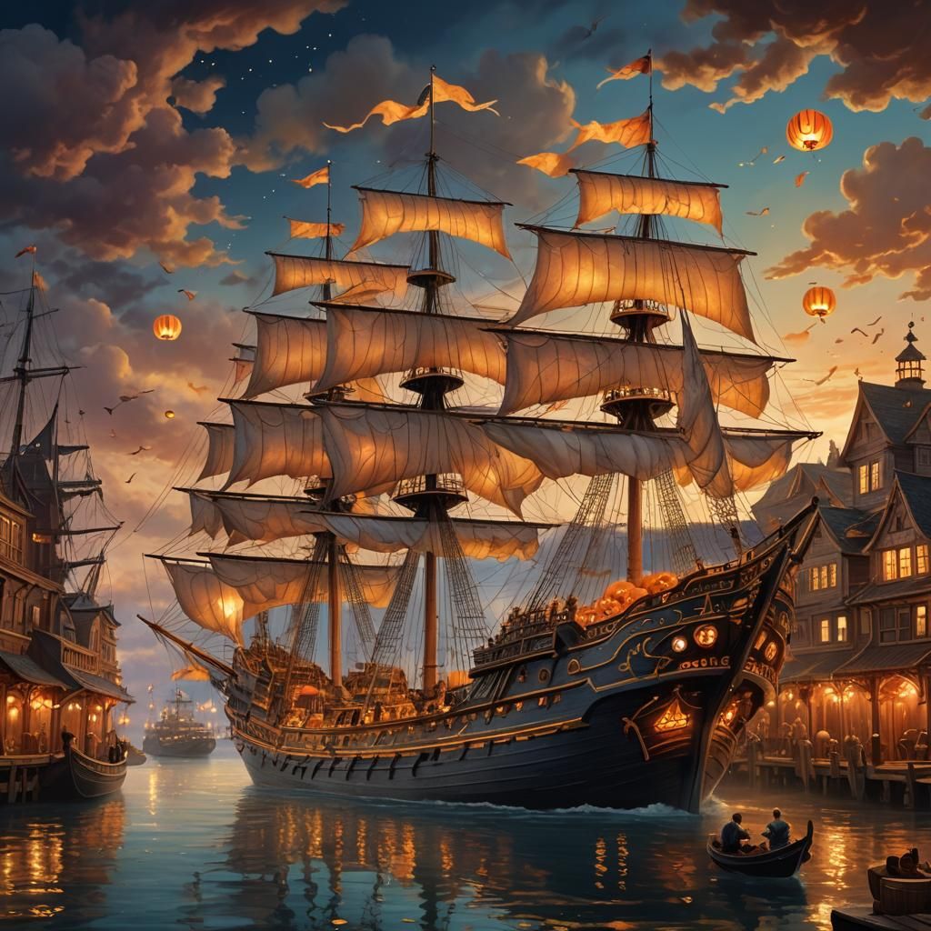 Majestic Ship in Port at Twilight: Fantasy Concept Art